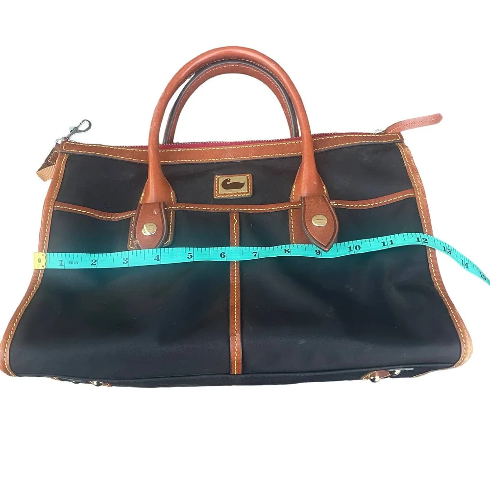 Dooney & Bourke Camden Saffiano Black Nylon Satchel w Brown Leather Trim